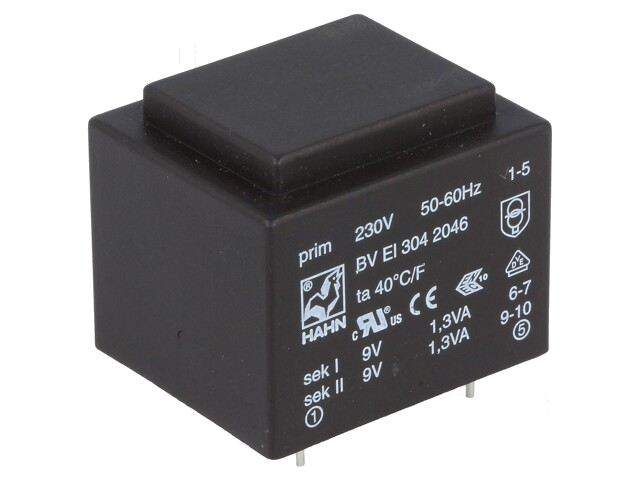Transformator: ingegoten; 2,6VA; 230VAC; 9V; 9V; 145mA; 145mA; PCB Transformator: ingegoten; 2,6VA; 230VAC; 9V; 9V; 145mA; 145mA; PCB